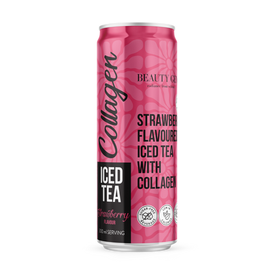 Pink can of Strawberry Flavoured Iced Tea with Collagen on a white background