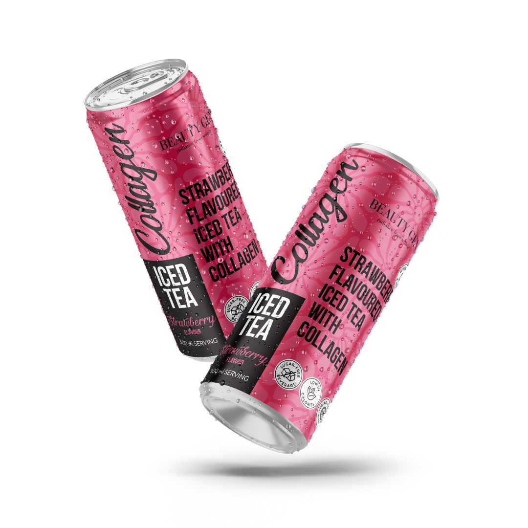 Two cans of Strawberry Flavoured Iced Tea with Collagen on a white background