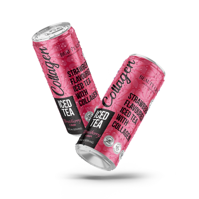 Two cans of Strawberry Flavoured Iced Tea with Collagen on a white background