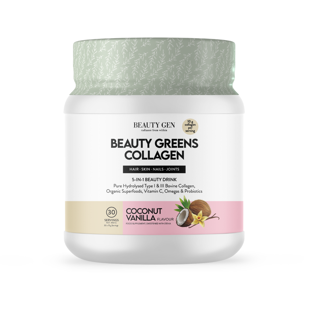 Beauty Gen Beauty Greens Collagen powder jar on a white background