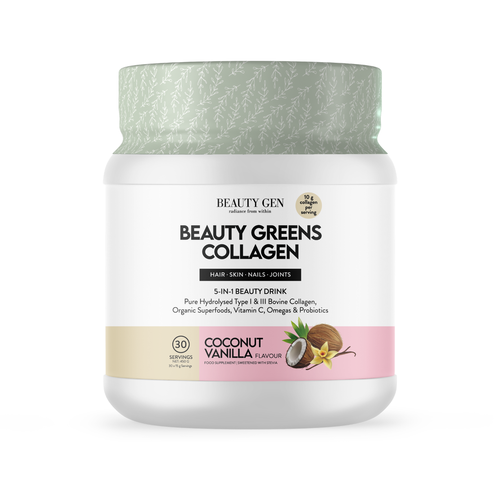 Beauty Gen Beauty Greens Collagen container on a white background