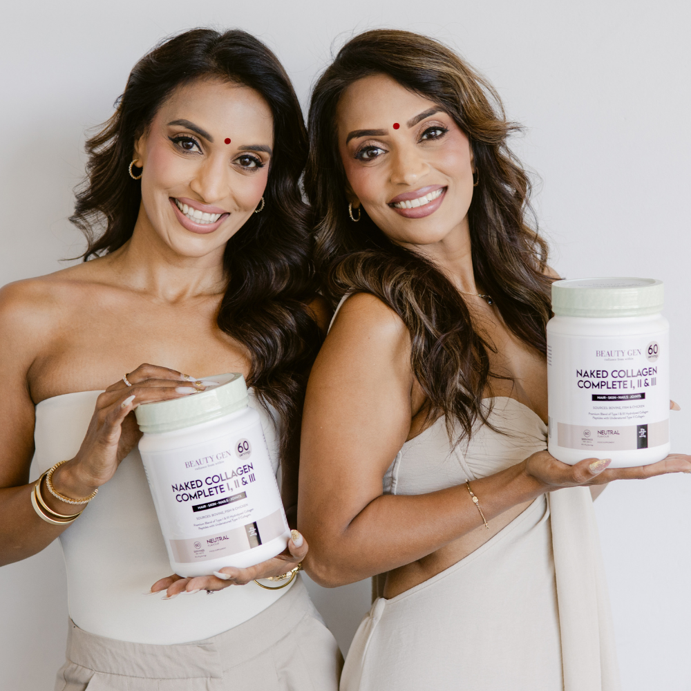 Two women holding containers of Naked Collagen Complete powder against a plain background