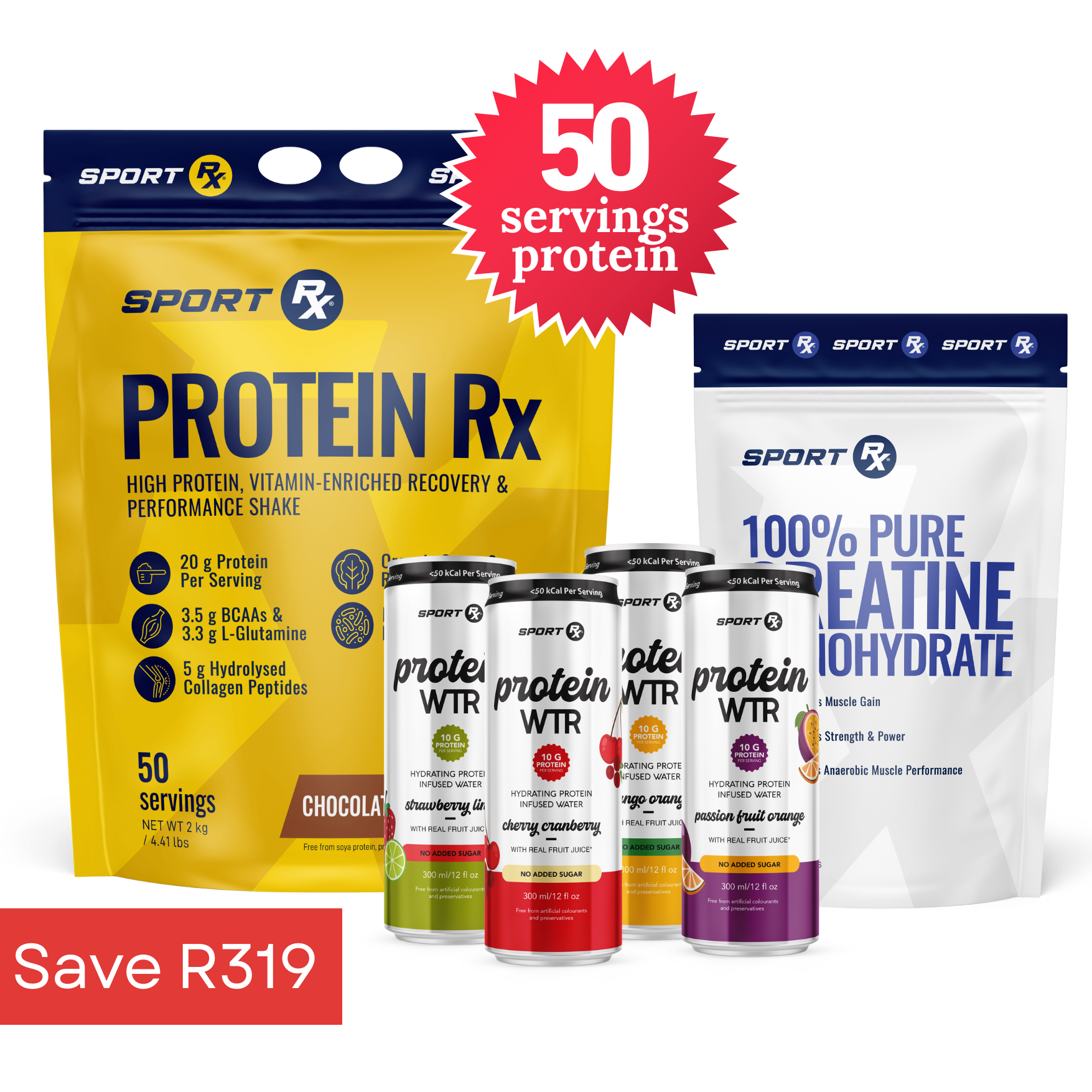 2KG PROTEIN Rx + 200g CREATINE MONOHYDRATE + 4 x Protein WTR