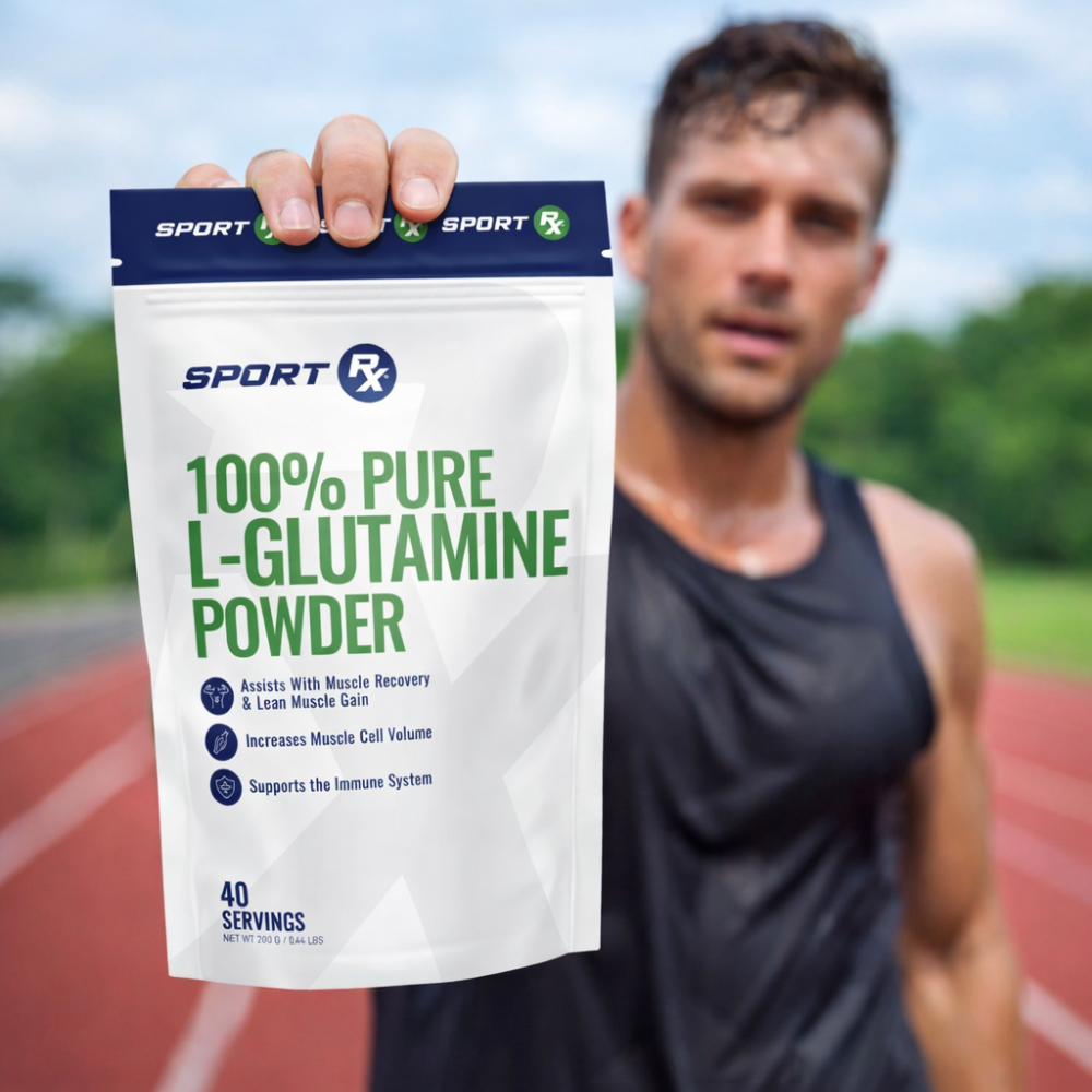 Person holding a package of Sport Rx 100% Pure L-Glutamine Powder on a track background