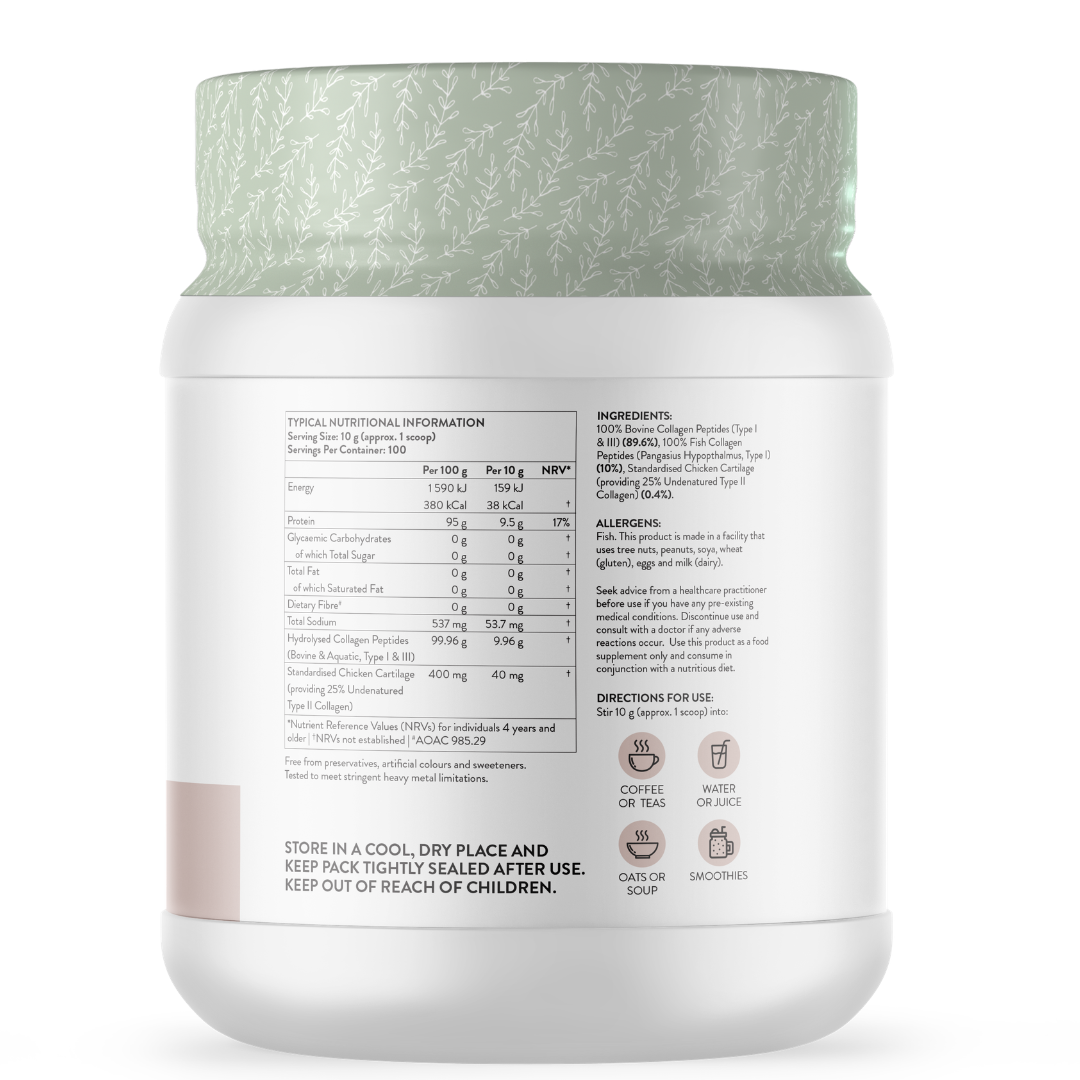 Supplement container with nutritional information and storage instructions on a white background