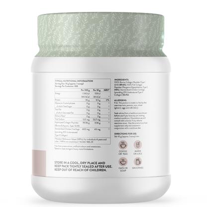 Supplement container with nutritional information and storage instructions on a white background