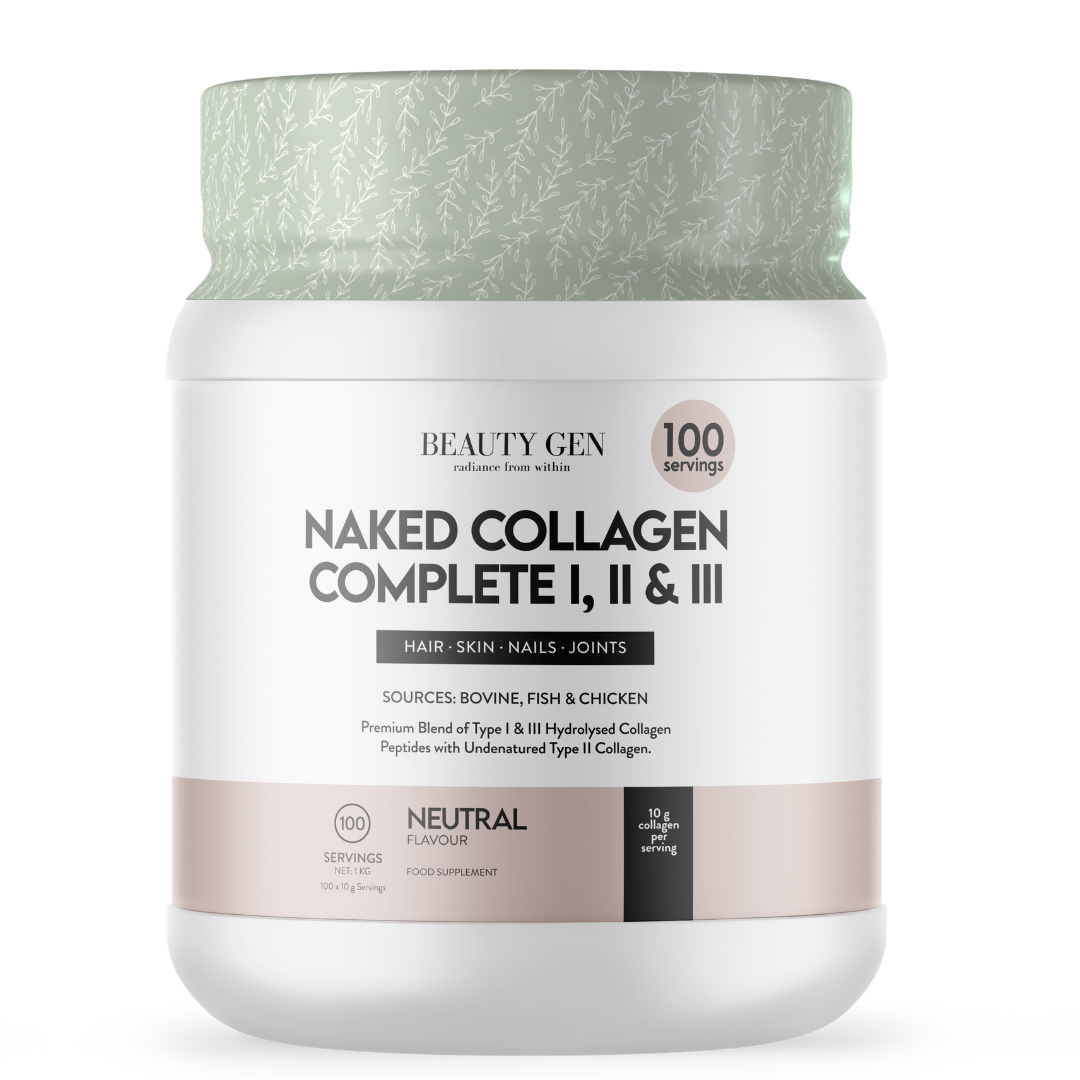 Beauty Gen Naked Collagen Complete I, II &amp; III container on a white background
