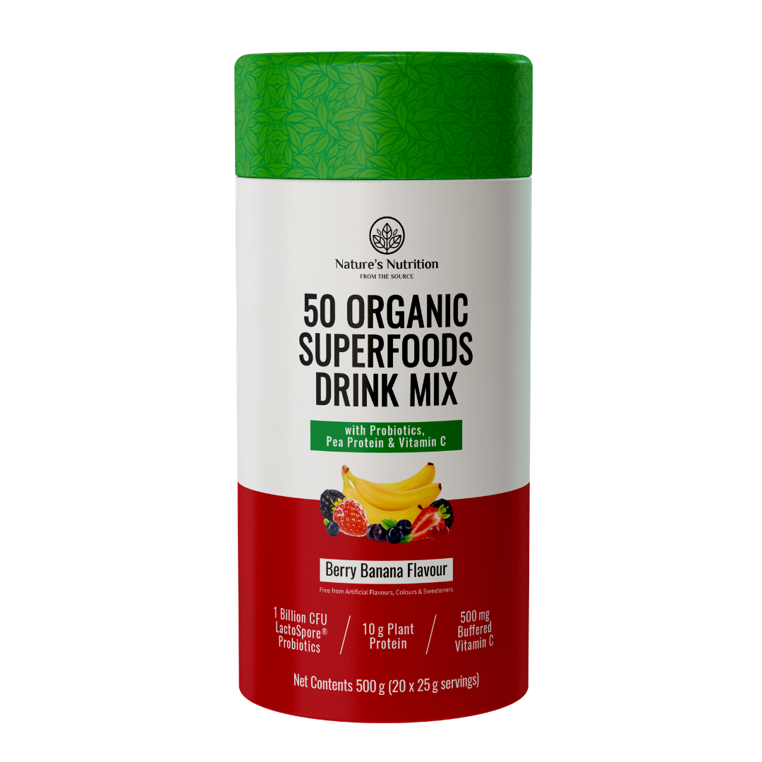 Container of 50 Organic Superfoods Drink Mix with green and red design on a white background
