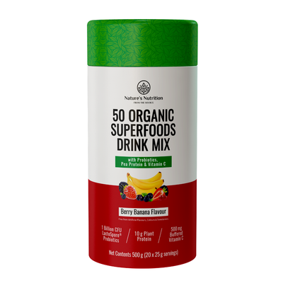 Container of 50 Organic Superfoods Drink Mix with green and red design on a white background