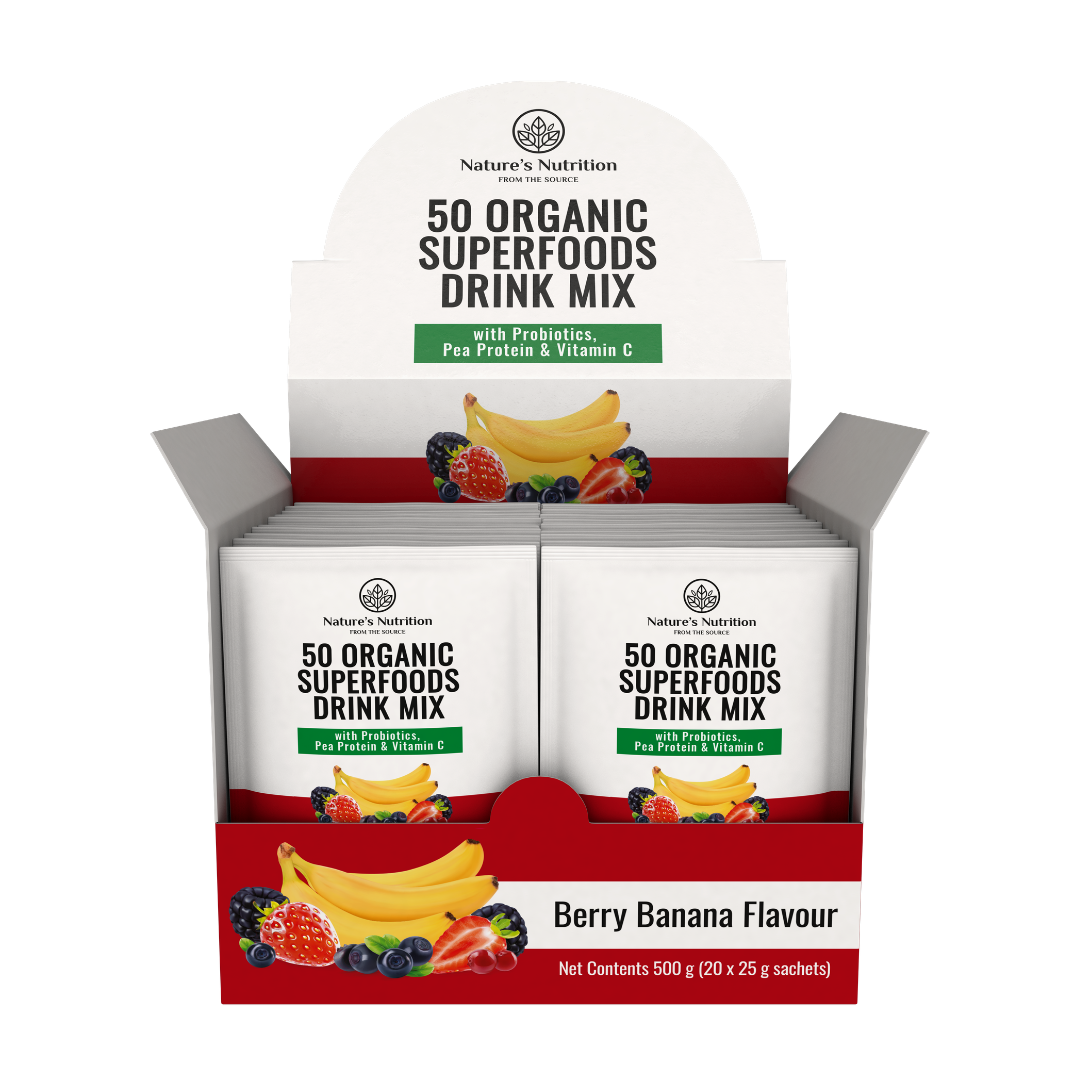 Box of Nature's Nutrition 50 Organic Superfoods Drink Mix in Berry Banana Flavour on a white background