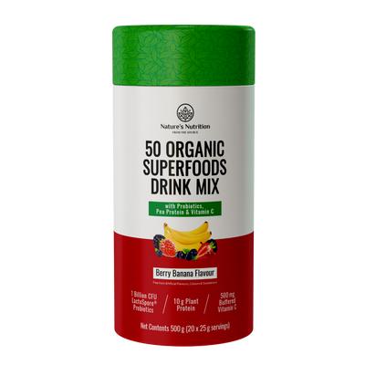Nature's Nutrition 50 Organic Superfoods Drink Mix canister with green and red design on a white background