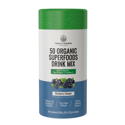 Container of Nature's Nutrition 50 Organic Superfoods Drink Mix with blueberry flavor on a white background