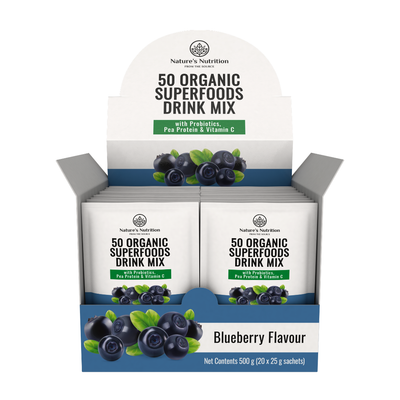 Box of Nature's Nutrition 50 Organic Superfoods Drink Mix in Blueberry Flavour on a white background