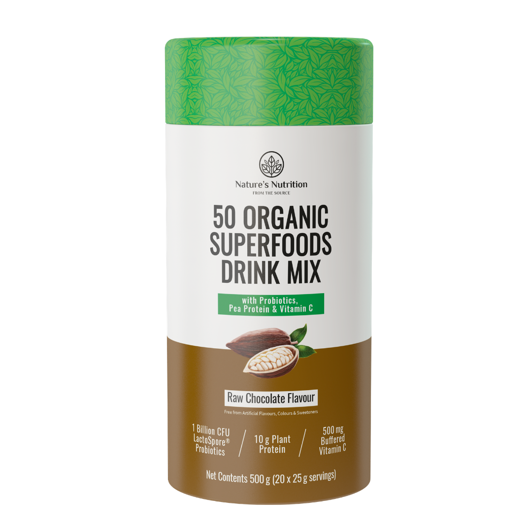 Container of Nature's Nutrition 50 Organic Superfoods Drink Mix in Raw Chocolate Flavour on a white background