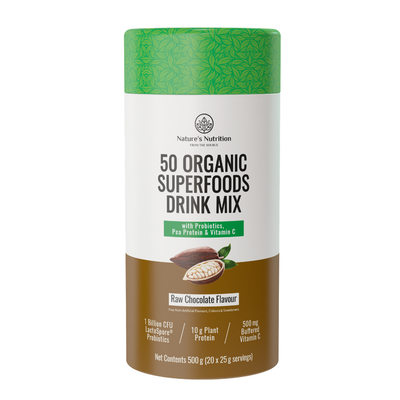 Container of Nature's Nutrition 50 Organic Superfoods Drink Mix in Raw Chocolate Flavour on a white background