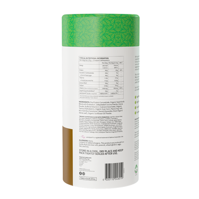 Back view of a supplement container with green and white design on a white background