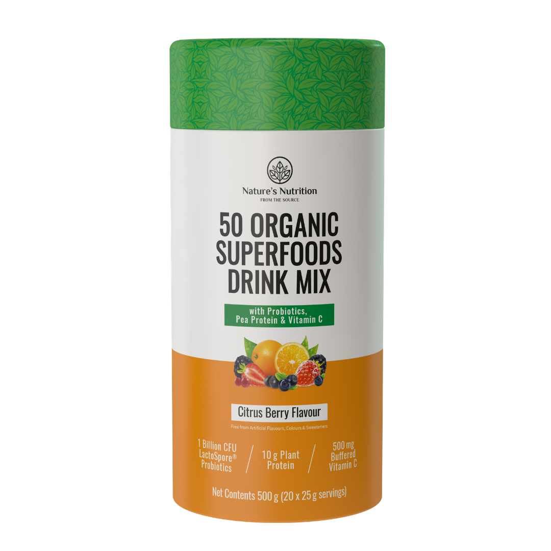Nature's Nutrition 50 Organic Superfoods Drink Mix canister on a white background