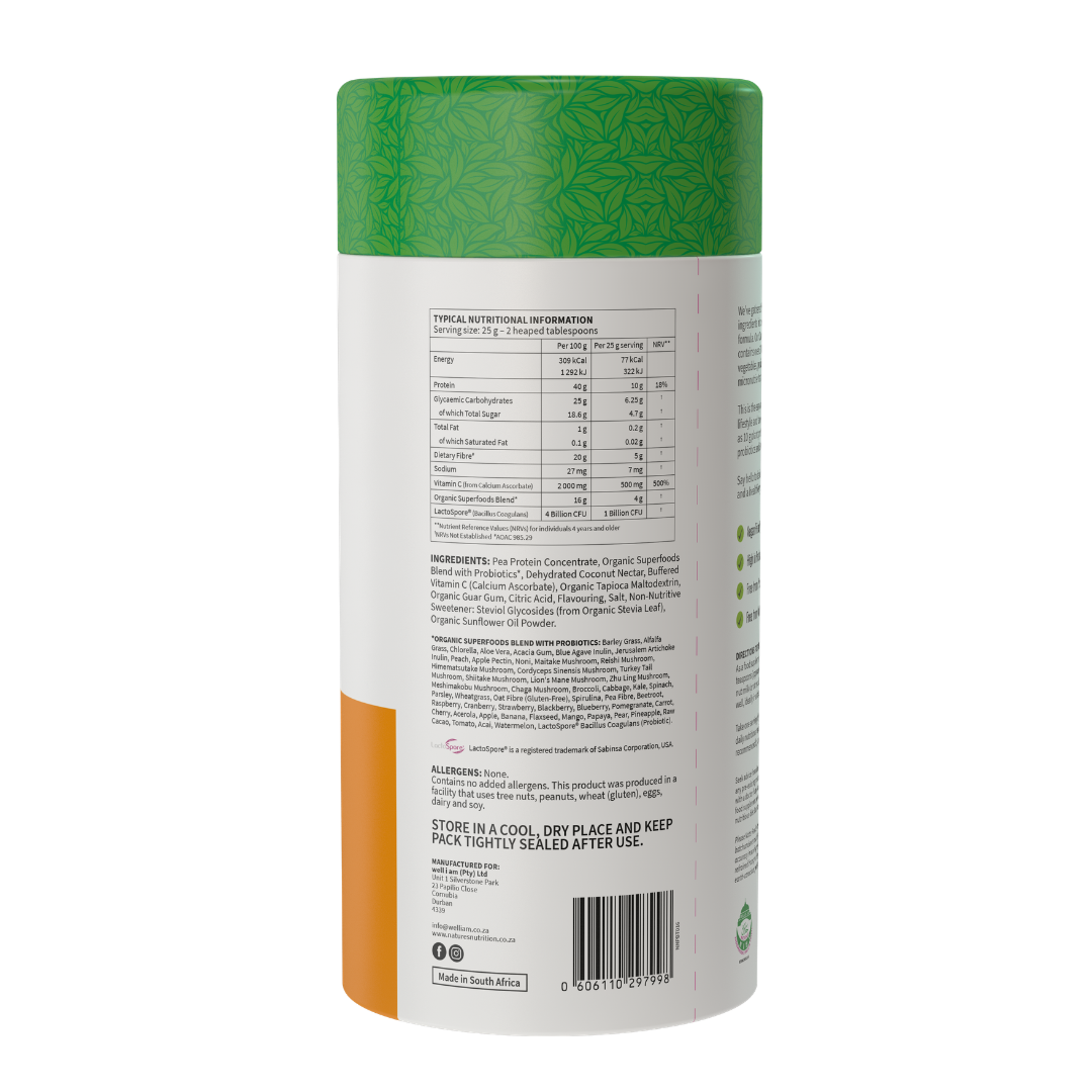 Back view of a supplement container with nutritional information and ingredients listed.