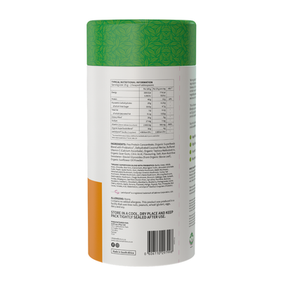 Back view of a supplement container with nutritional information and ingredients listed.