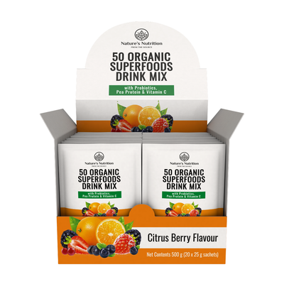Box of Nature's Nutrition 50 Organic Superfoods Drink Mix with Citrus Berry Flavour on a white background