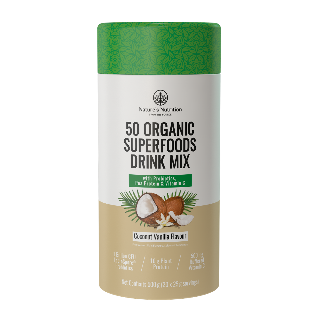 Container of Nature's Nutrition 50 Organic Superfoods Drink Mix with coconut and vanilla flavor on a white background
