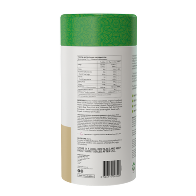 Back view of a supplement container with nutritional information and ingredients listed.