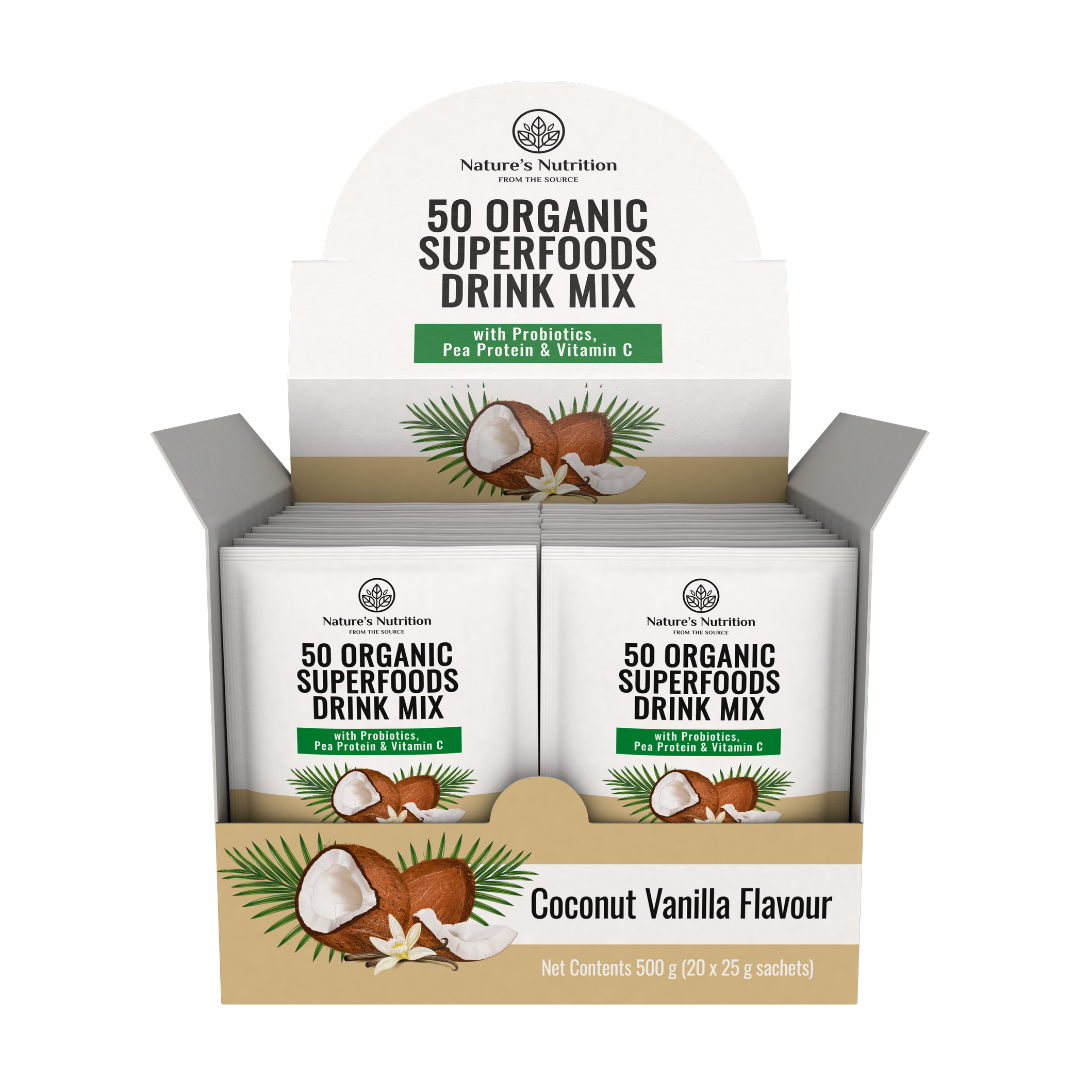 Box of Nature's Nutrition 50 Organic Superfoods Drink Mix in Coconut Vanilla Flavour