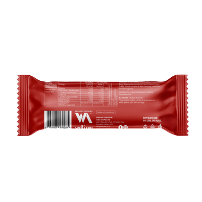 Red protein bar packaging with Wellram logo on a white background