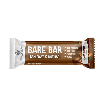 Bare Bar raw fruit and nut bar packaging with 'Choc Cocoa' flavor on a white background