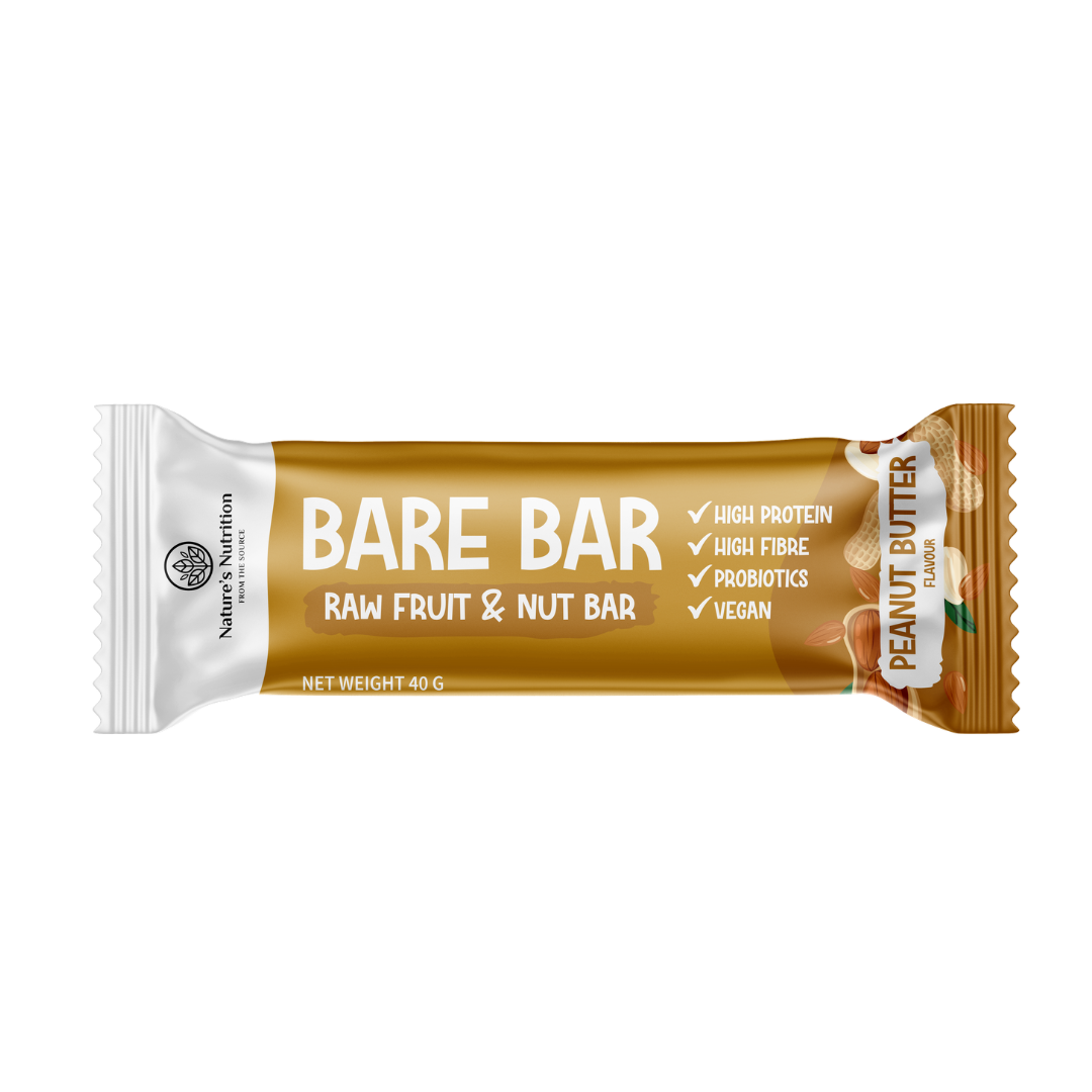 Bare Bar raw fruit & nut bar packaging with peanut butter flavor on a white background