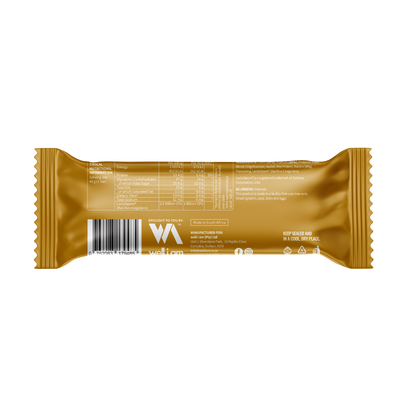 Brown protein bar with Weltau logo on a white background