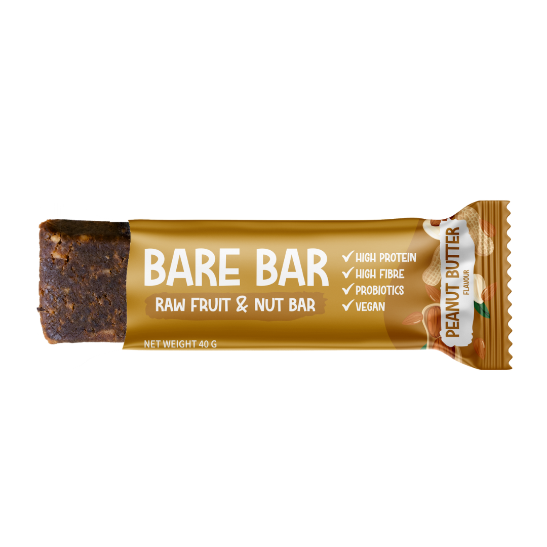 Bare Bar Raw Fruit & Nut Bar in Peanut Butter flavor on a white background