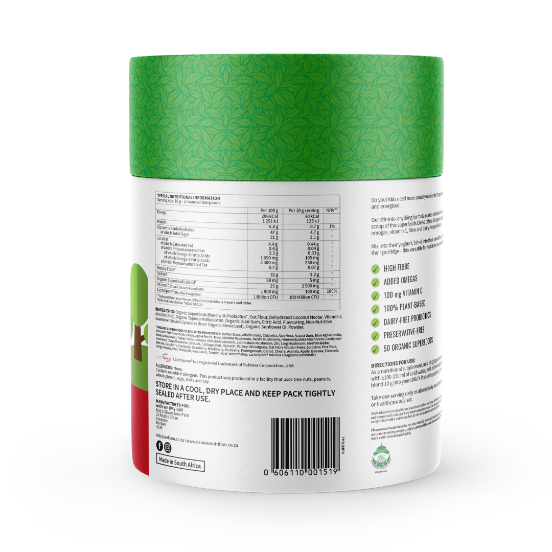 Back view of a green and white supplement container with nutritional information.