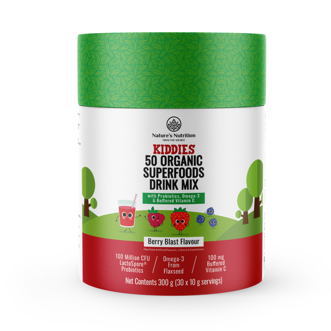Nature's Nutrition KIDDIES 50 Organic Superfoods Drink Mix container with green and red design on a white background