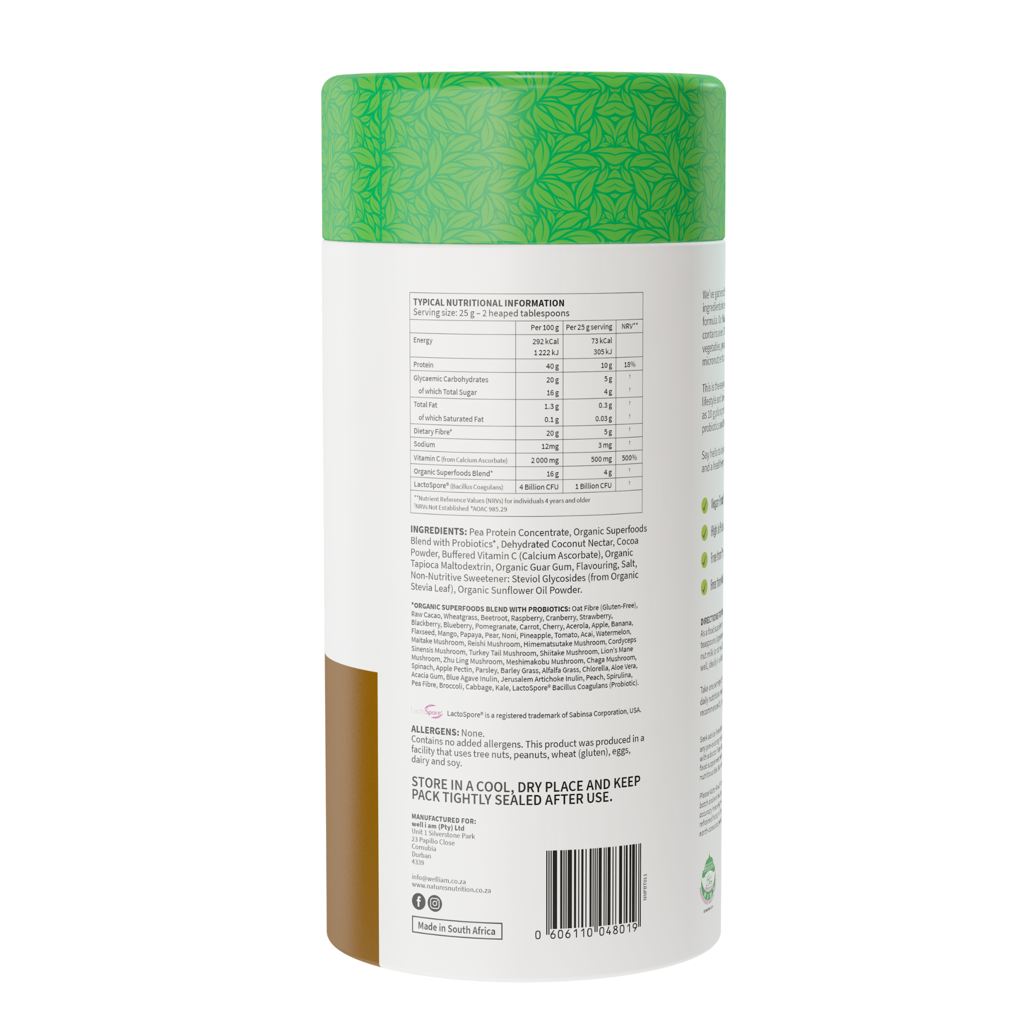 Natures Nutrition 50 organic superfoods chocolate nutritional table