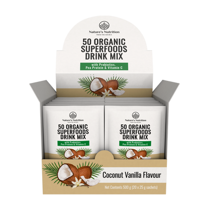 Natures Nutrition 50 organic superfoods coconut vanilla box