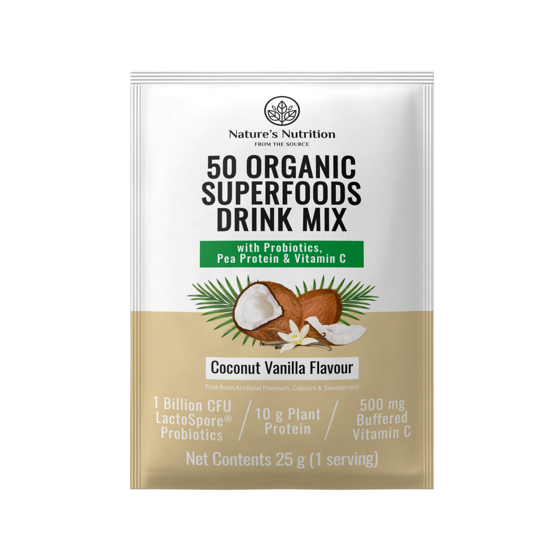 Natures Nutrition 50 organic superfoods coconut vanilla sachet