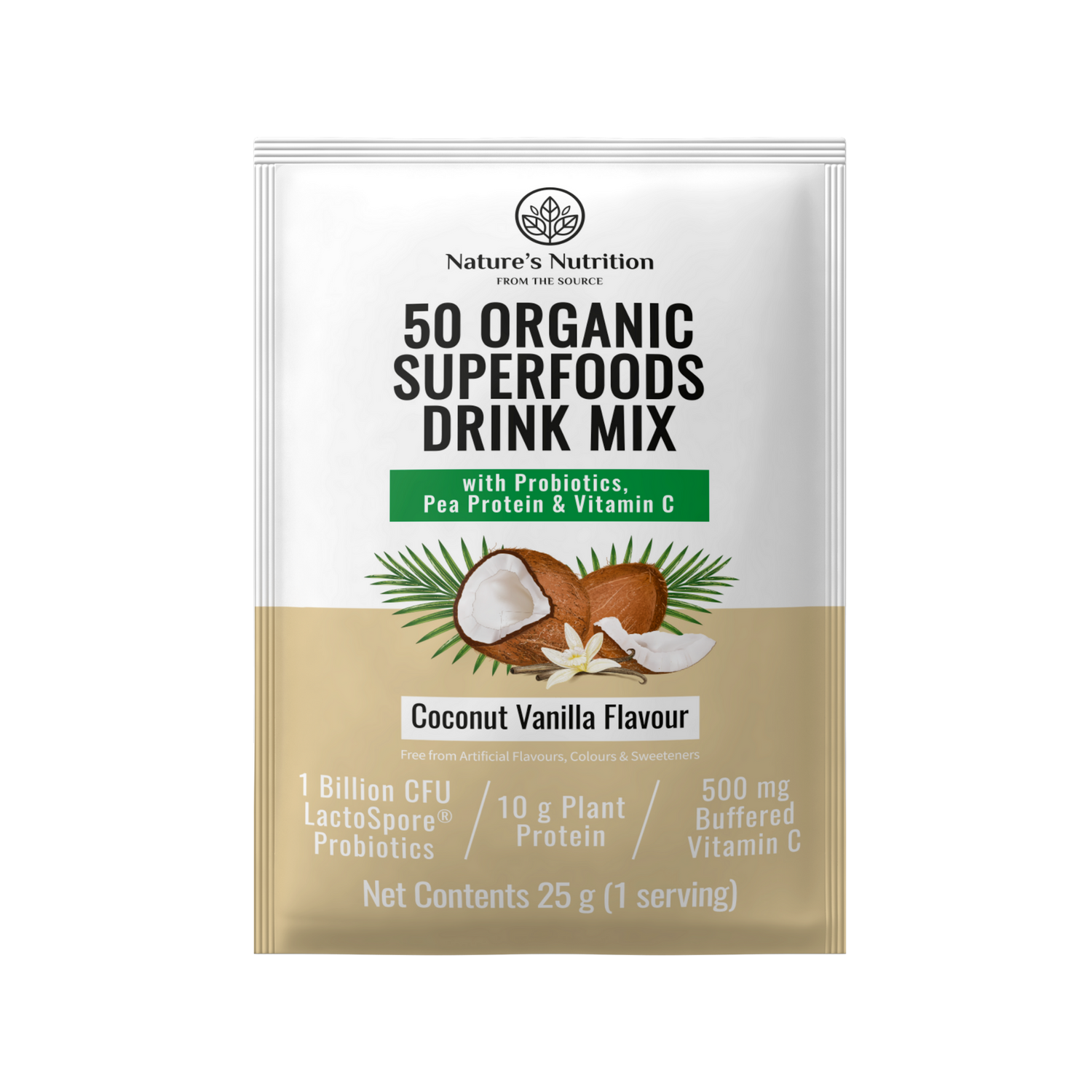 Natures Nutrition 50 organic superfoods coconut vanilla sachet