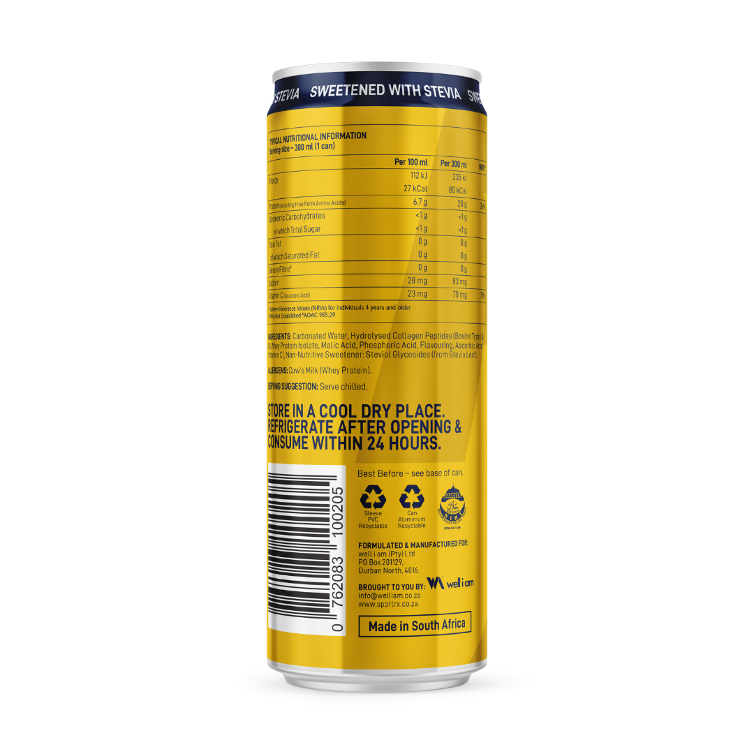 Yellow can with nutritional information and storage instructions on a white background