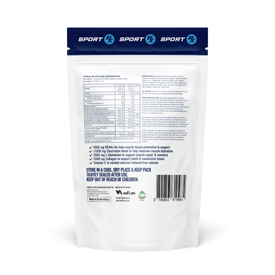 Back view of a white supplement package with text and branding on a white background