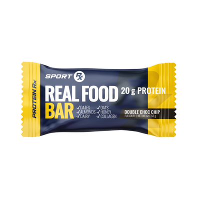 Sport Rx Real Food Bar packaging with blue and yellow design on a white background
