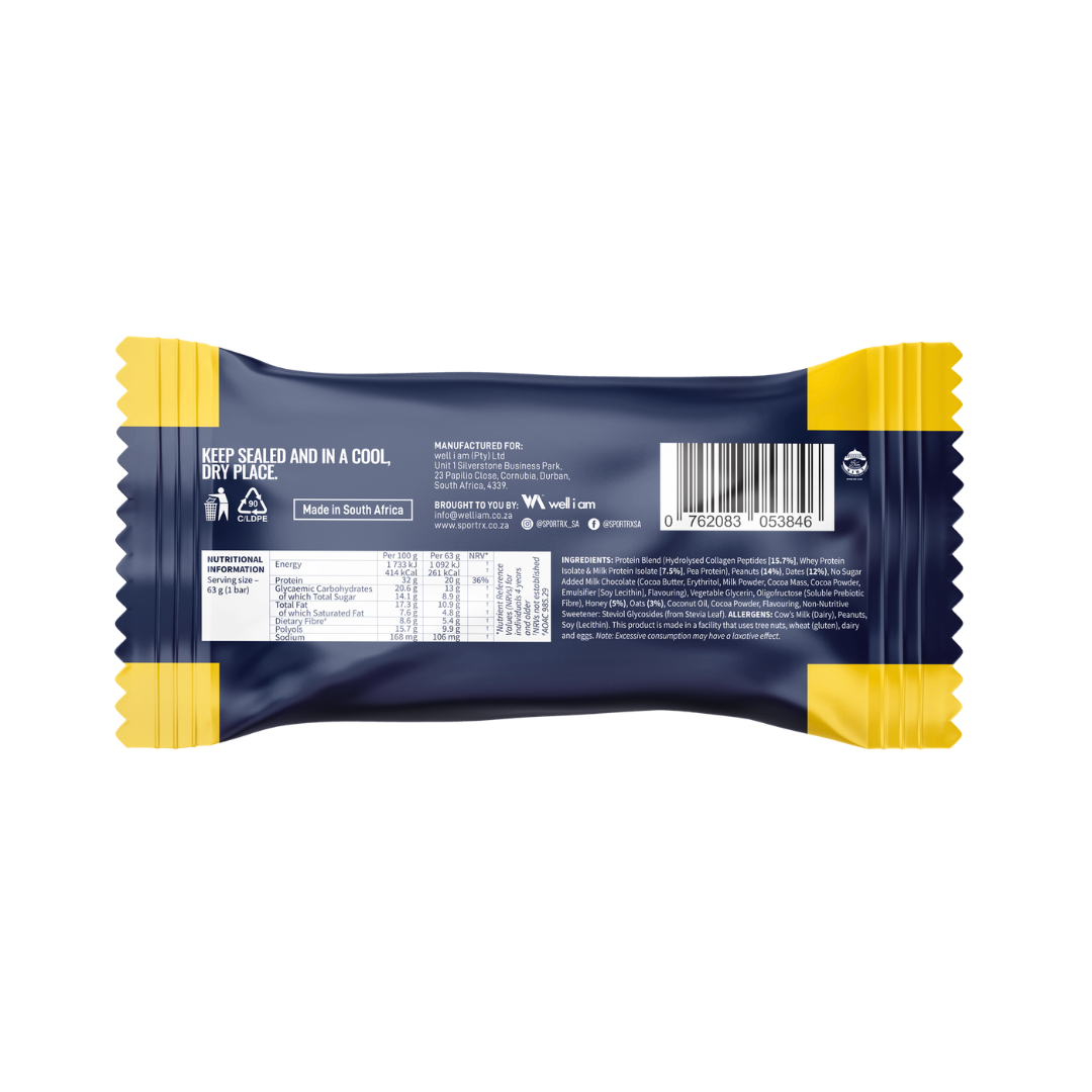 Blue and yellow snack bar packaging with nutritional information on a white background