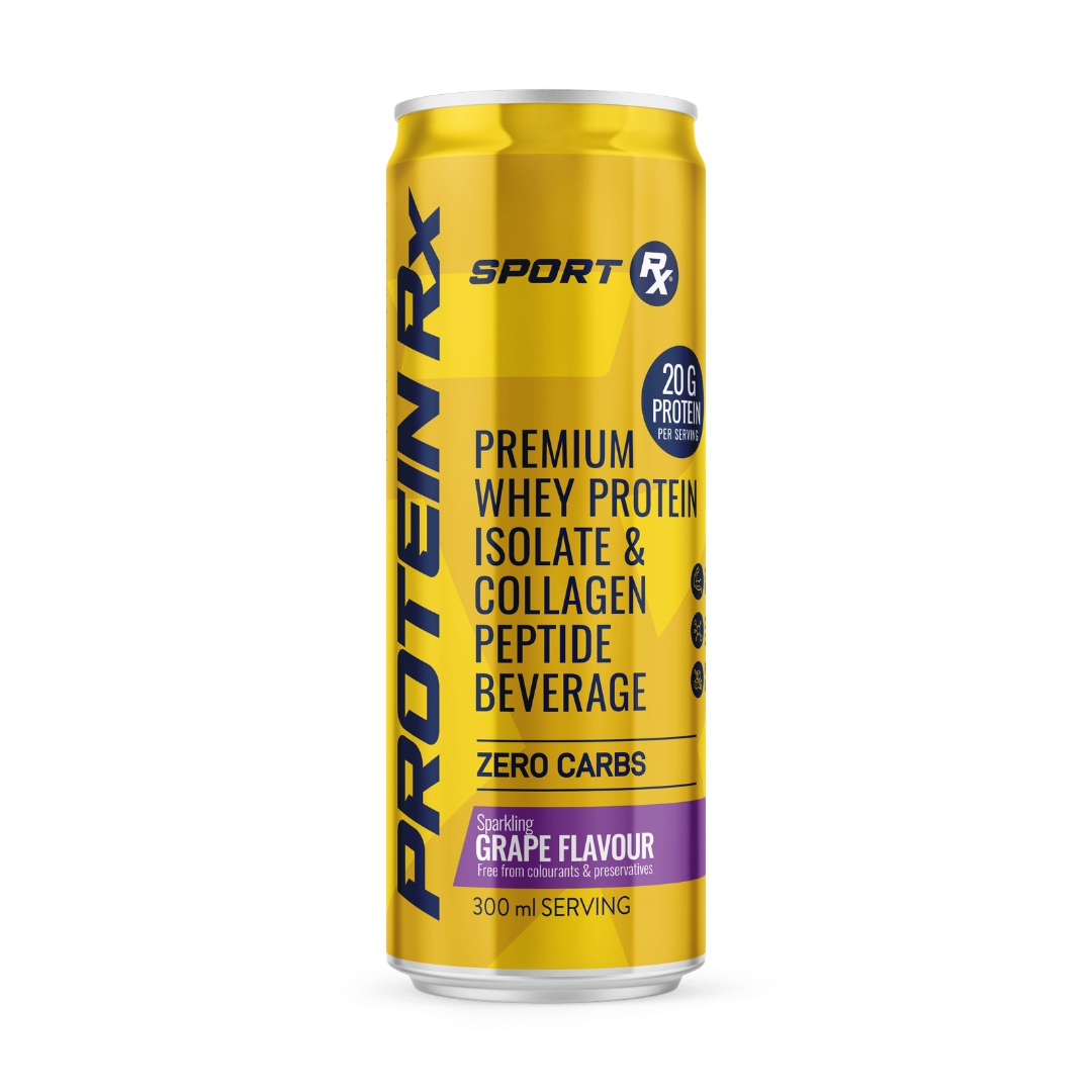 Yellow can of Protein RX Sport beverage on a white background