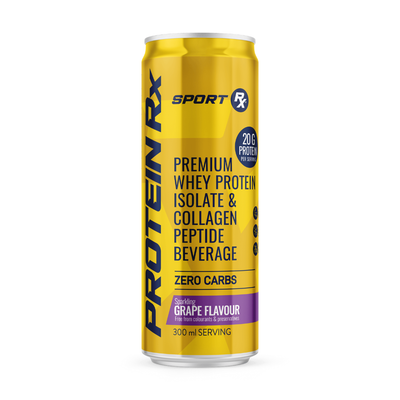 Yellow can of Protein RX Sport beverage on a white background