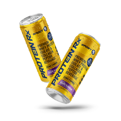 Two cans of Protein RX Sport beverage on a white background