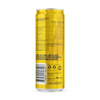 Yellow can with nutritional information and storage instructions on a white background