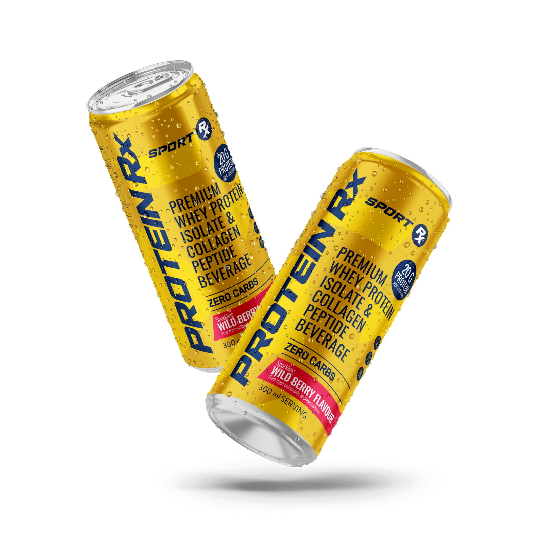 Two cans of Protein RX Sport beverage on a white background
