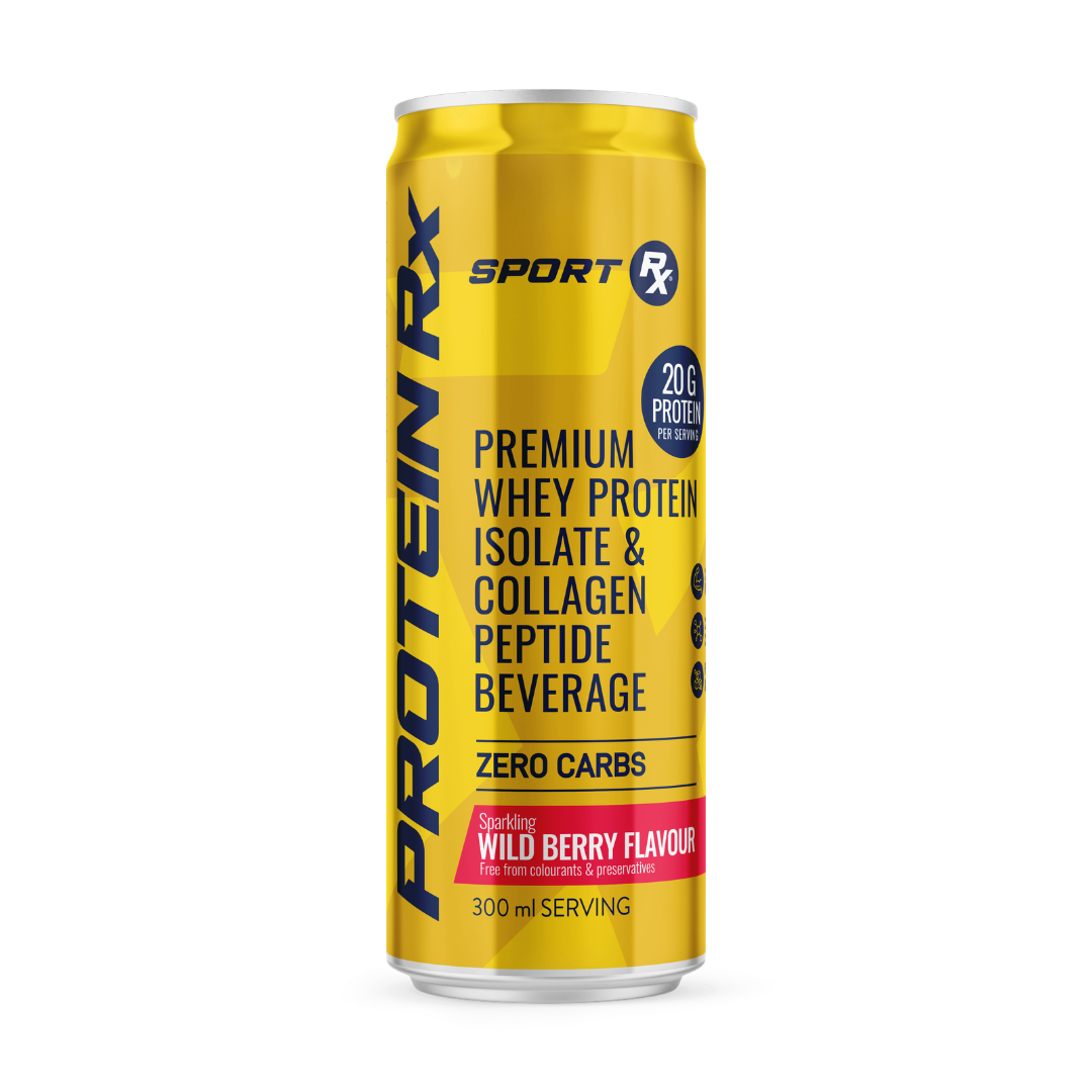 Yellow can of Protein RX Sport on a white background