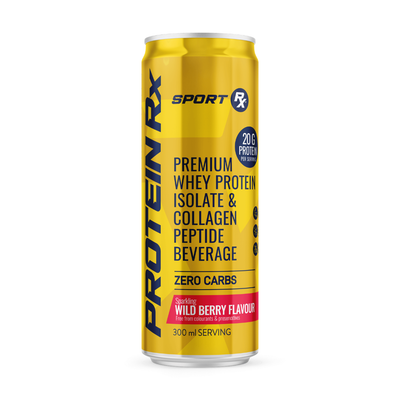 Yellow can of Protein RX Sport on a white background