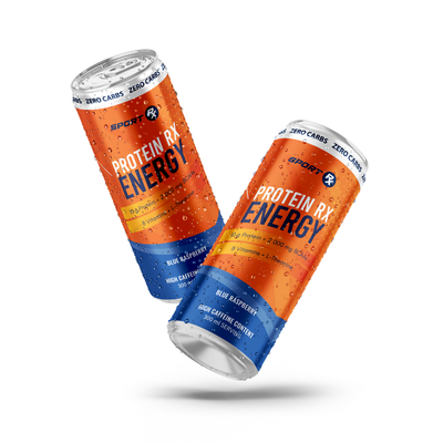Two Protein RX Energy drinks in blue and orange packaging on a white background